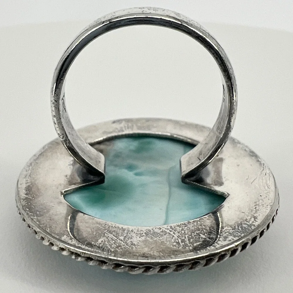 Artisan Larimar Ring Size 9 Blue 925 Sterling Silver Statement Cabochon 19.6g